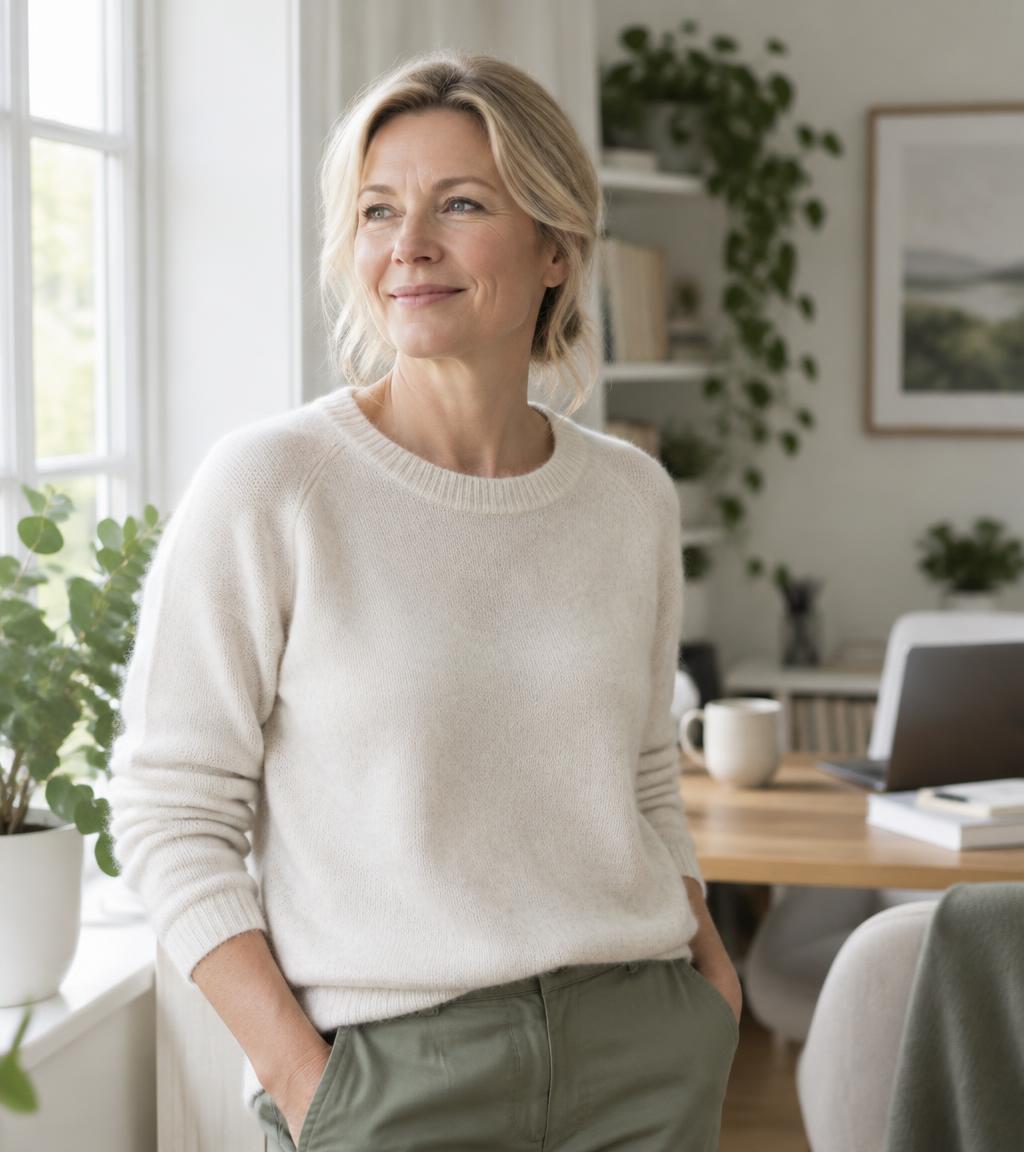 En kvinna i femtioårsåldern står avslappnat vid ett fönster i ett ljust hemmakontor.